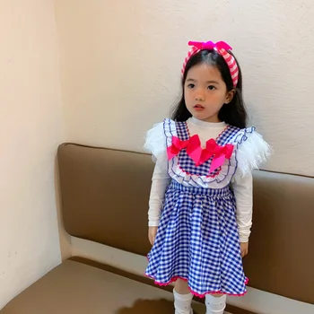 Корейската детски дрехи, дрехи Пролет-есен Нов костюм за момичета в клетка С лък, Общо рокля, Долната риза, Детски костюм-двойка, Z