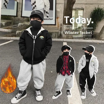 Зимните памучни якета-свитшоты с качулка на руното подплата с цип за момчета, топло спортно hoody за ученици, детско работно палта, потници, облекло от 3 до 14 години