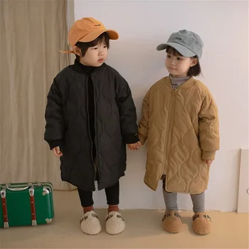 2023, Нови зимни детски модни ежедневни ватирани палта със средна дължина, за момчета и момичета, дебел топъл дълъг тренч, връхни дрехи