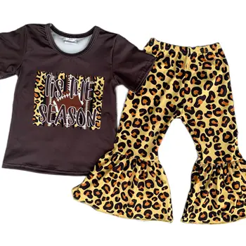 Класически комплект с леопардовым принтом, лятна бутик-облекла за момичета, разкроена панталони с къси ръкави, комплект от 2 теми