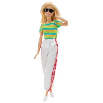 Цветни, шарени комплект модерен кукольной дрехи за Барби, спортно облекло, аксесоари за кукли 1/6, фланелки, бели панталони, играчки за панталони