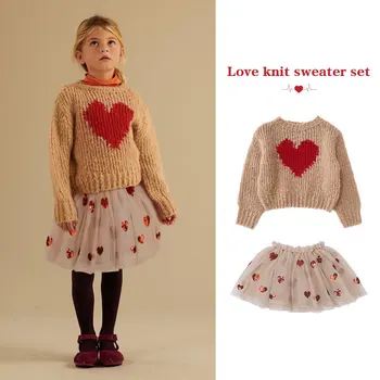 Детски пуловер, 23 Есен-Зима KS, Пуловер с Шарките на Сърцето За момичета, Фатиновая пола с пайети За момичета, Трикотажный пуловер За момичета