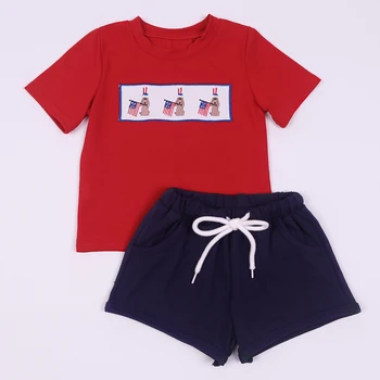 На 4 Юли, нов стил, летен комплект дрехи за малки момчета, синя топ, шорти в червената ивица, памук бутик,, детска празнична облекло