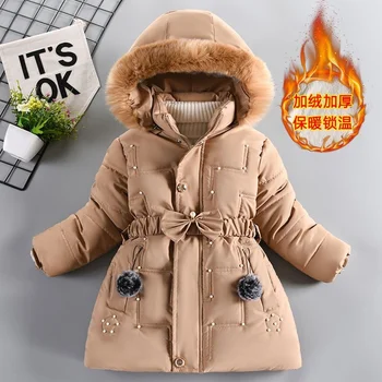 Зимните Пухени паркове за момичета, яке, топло утолщенное палто с мъниста, детски зимен костюм с качулка и удебелени цип, връхни дрехи, бебешко яке с колан