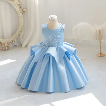 Атласное плиссированное бебешка рокля на принцеса, новост 2023 година, вечерна рокля без ръкави с 3D-дизайн за момичета, однотонное рокля на цветчета за момичетата