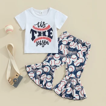 Летни дрехи за малките момичета, комплекти от 2 теми, блузи с къс ръкав и букви + панталони и бейзболни-клеш, комплект дрехи за деца