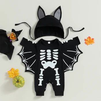 Детски костюми за Хелоуин с образа на прилеп, За момчета и момичета, боди с дълъг ръкав и шапка с виртуален скелет, тела за новородено, костюм