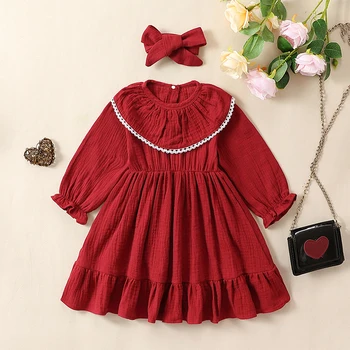 Червена рокля с дълъг ръкав за малки момичета, рокля с яка кукла и завързана тапицерия рокля с трапецовидна форма, с къдри, коледни дрешки, превръзка на главата, 2 бр.