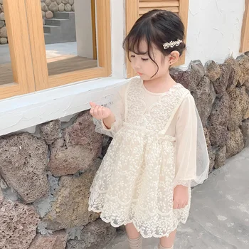 2023 Детска рокля, Детско принцеса рокля в Корейски стил с цветя модел за малки момичета, Газови дантелени рокли с дълъг ръкав, за деца 1, 2, 3, 4, 5, 6 години, подарък за рожден Ден