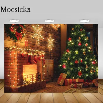 На фона на коледните снимки Mocsicka Тапети Тухлена камина Светлините на Коледната елха Декорация на Дървени фон Реквизит за снимки