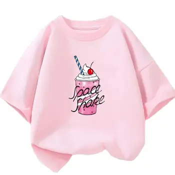 Лятна новост 2023 г., Сладка тениска с ягоди мляко коктейл за момичета, тениска с изображение Харадзюку, Детски памучни блузи с къс ръкав