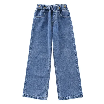Нови детски дънки за момичета Дрехи Пролет есен Директни детски дънкови панталони за момичета Модни Свободни широки панталони