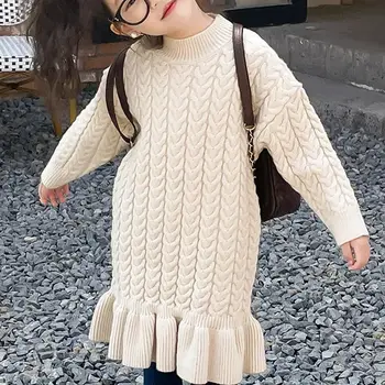 Рокля-пуловер за момичета, детски есенни пуловери с дълги ръкави, рокли за момичета, рокля-поло с волани, дрехи за деца от 2 до 10 години