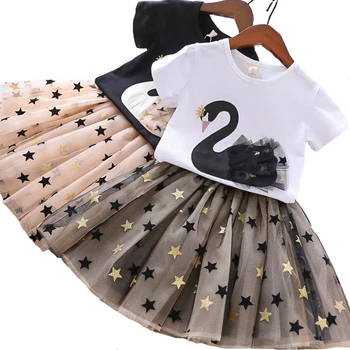 Комплект дрехи за момичета, тениска с лебед + звездна окото, костюм от 2 теми, летни дрехи 2 цвята, детски подарък за рожден ден за деца от 2-8 години