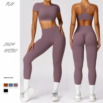 Женски секси комплект за йога 2024, обикновен сутиен с къс ръкав, спортен костюм за бягане на открито, повдигащ, дишащи бързо съхнещи комплекти за фитнес