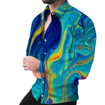 Нова мода мъжка риза, однобортная риза, ежедневни трикольор печат, дълъг ръкав, плюс размери, мъжки хавайски празник жилетка