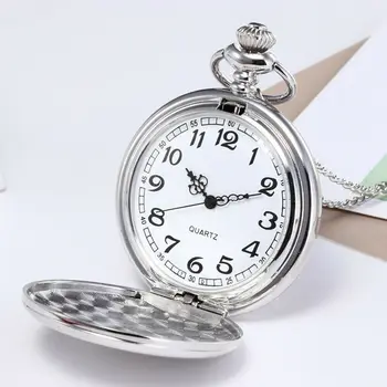 Висулка с кръгла циферблат в старинен стил Винтидж кварцов Сребърен джобен часовник с веригата Фестивали подарък за бащата Приятелите на Учители