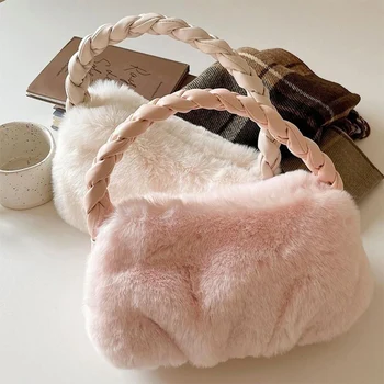 Плюшен дамска чанта 2024 есен/зима, корейската ръчно космати чанта, скъпа кожа чанта за момичета, жената, портфейла и чанти-скитник, чанти през рамо, лотарии