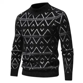 Есенно-зимния вязаный пуловер, мъжки вязаный пуловер с геометричен дизайн, мек топъл пуловер с кръгло деколте за есен-зима на мода в рубчик