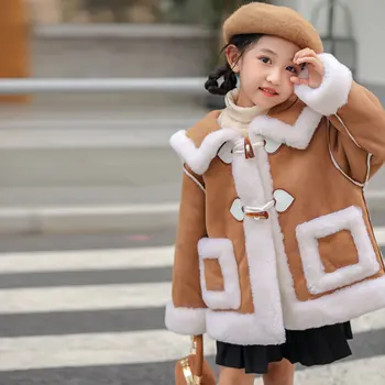Детско цельношерстяное палто с кожа, цельнокроеная яке за момичета, модерна къса яке с голям ревера за деца