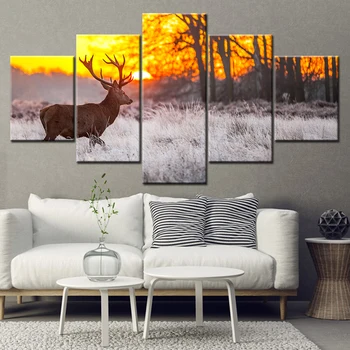 Картина върху платно Африканско животно елен в гората залез, 5 елементи, Стенни художествена картина, Модулни тапети с принтом плакат, домашен декор