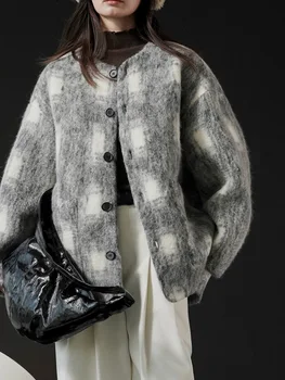 Есенно-зимни дамски ежедневни свободна яке в клетка с кръгло деколте и дълги ръкави, украсена с джобове.