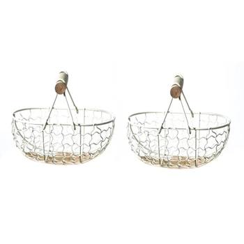 Метална ретро-кошница с 2 дървени дръжки, преносима Многофункционална кошница за зеленчуци, плодове, яйца, продукти, практичен кош за съхранение в бял цвят