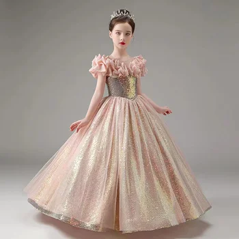 2023 Ново луксозно празнична рокля за момичета, детски елегантна принцеса рокля с пайети, дълга рокля, булчински облекла Дори за изпълнения на пиано