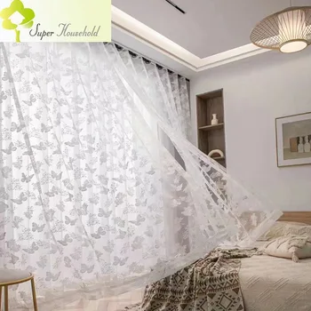 Бели дантелени трикотажни жакард тюлевые завеси с пеперуди за хол, детска спалня, прозрачни екрани за балкона