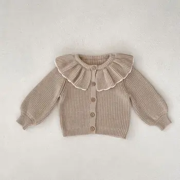 Есен-Зима от 0 до 3 години, вязаный жилетка с яка във формата на лотос, пуловер за момчета и момичета, памучни блузи, яке, ежедневни палто за новородени