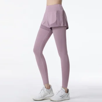 Дамски панталони за йога за джогинг LO Fitness, който предпазва от влиянието на околната среда, фалшиви спортни панталони от две части, стегнати с висока талия.