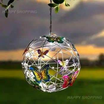 Градински окачен слънчева светлина, кръгла топка с пеперуда, водоустойчива метална подвесная лампа за плетене, домашен декоративен лека нощ
