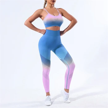 Женски костюм за йога с градиентным модел, быстросохнущий дишаща костюм за фитнес, секси облекло за фитнес, за джогинг