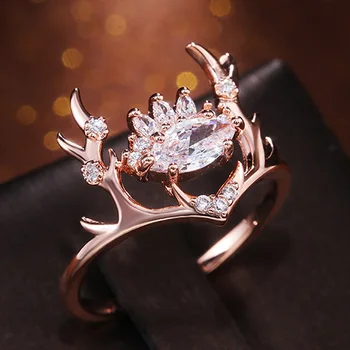 Модно дамско пръстен с хубав оленьим рога, модерен пръстен с бял цирконий, бижута за рожден Ден, годишнина, Свети Валентин, коледа, Коледни подаръци