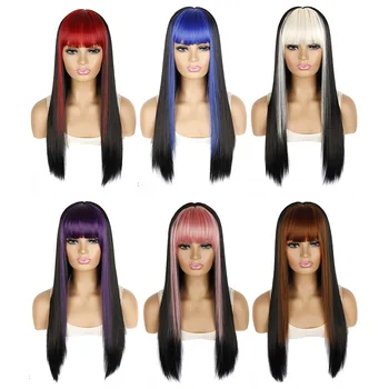24-инчови цветни перуки, направени от синтетични косми с бретон за жени, перука от дълга права коса, естествена аниме танц, cosplay, парти