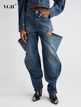 VGH, обикновена свободни дънкови панталони за жени, висока талия, джоб в стил мозайка, градинска дрехи, свободни дънки, дамски модни дрехи