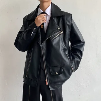 Мъжко кожено яке от премиум-клас с наплечником с цип, свободна градинска облекло, на ревера, ежедневното палто с дълъг ръкав, мотоциклетни якета в стил пънк