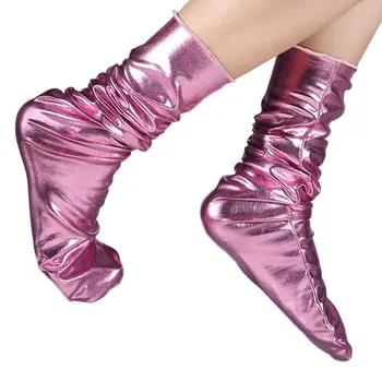 Свободни чорапи от изкуствена кожа, за жени и момичета, Забавни блестящи метални чорапи Wetlook, обикновена топли чорапи със средна дължина, клубна облекло
