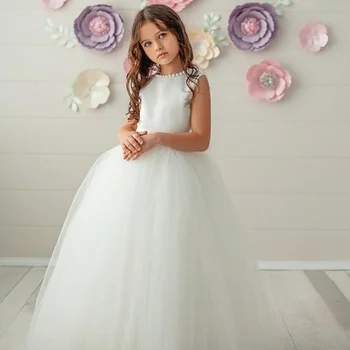 Рокля с цветя модел за момичета, Бял сатен, тюл, перла деколте с колан-носа, без ръкави За сватба, рожден ден, рокля за първо причастие