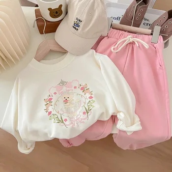 Hoody за момичета, пролетно новост, детски дрехи в корейски стил, всекидневни модерен бял cartoony топ, детски есенен костюм 2023