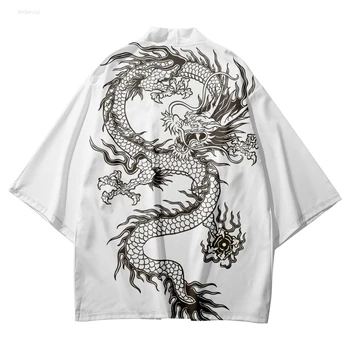 Традиционното бяло Кимоно с принтом китайски Дракон, мъжки женски жилетка за cosplay, ежедневни плажна риза Юката, Японски Самурай Хаори