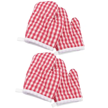 4 бр. Червени каре ръкавици, защитни кухненски ръкавици за кухня, ръкавици от полиестер за деца