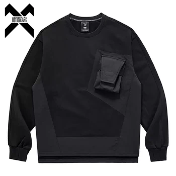 Мъжки тактическа hoody Techwear 2023, Есенна мода, пуловери с функционални джобове, блузи, Свободна спортна риза с кръгло деколте, потник черен цвят
