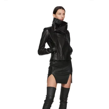 нов стил high street Ро мъжки кожени якета черно Асиметричен Смокинг Сако по-високо качество дамски тънък кожено яке colths
